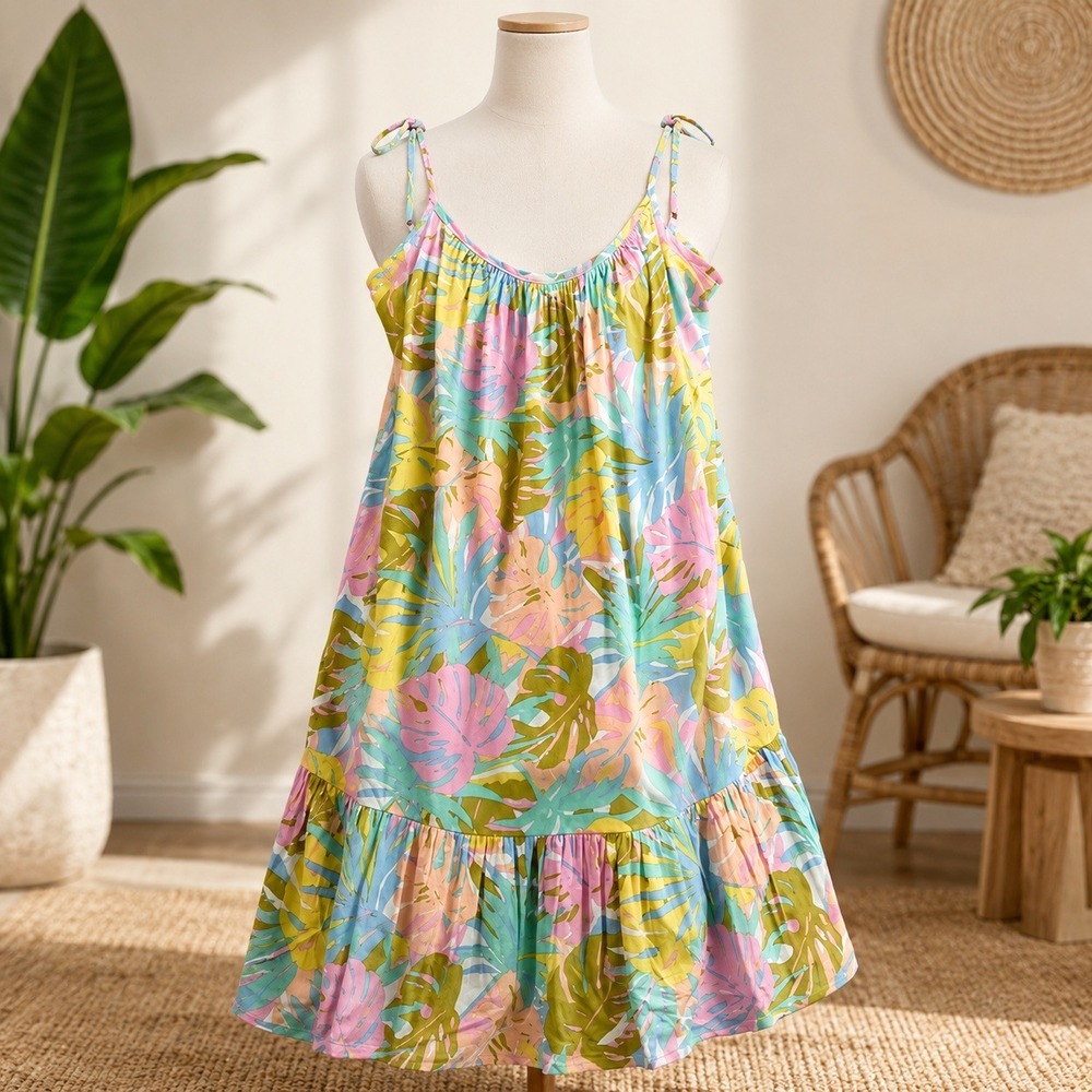 Billabong Sunny Daze Mini‎ Dress Sky Tropical Monstera Leaf Print XS 24B1302400
